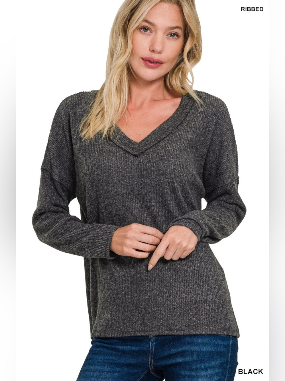 HT-2462X5 PLUS Zenana Black Ribbed Melange Long Sleeve Top